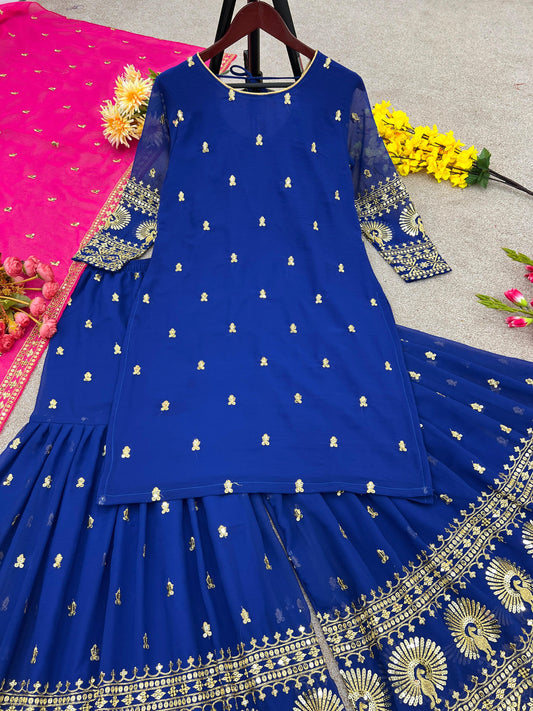 Blue Soft Georgette Plazo Set With Embroidery Design