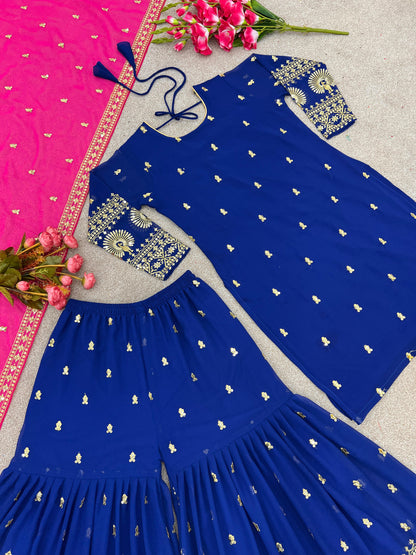 Blue Soft Georgette Plazo Set With Embroidery Design