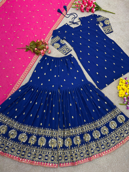 Blue Soft Georgette Plazo Set With Embroidery Design