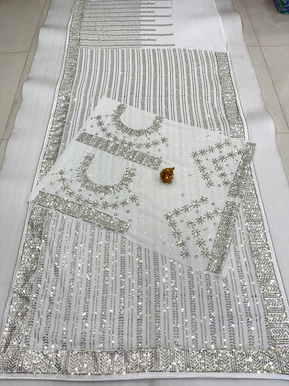 White Georgette Saree With Sequence Work