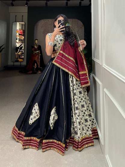 Black Cotton Lehenga With Maroon Dupptta and Mirror Work