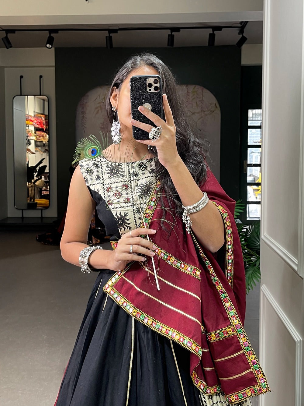 Black Cotton Lehenga With Maroon Dupptta and Mirror Work