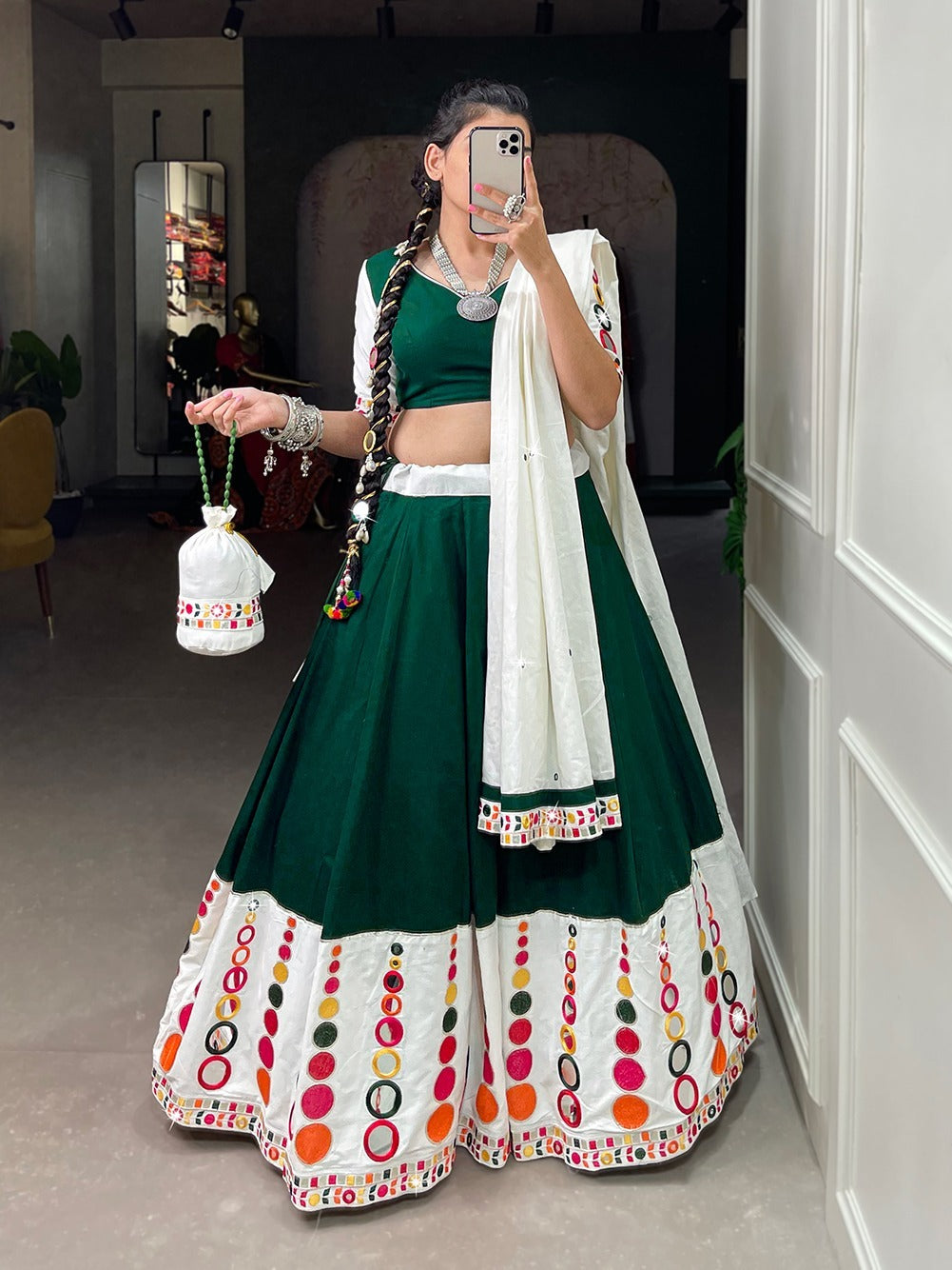 Cotton Traditional Embroidery Work Lehenga With Mirror Work