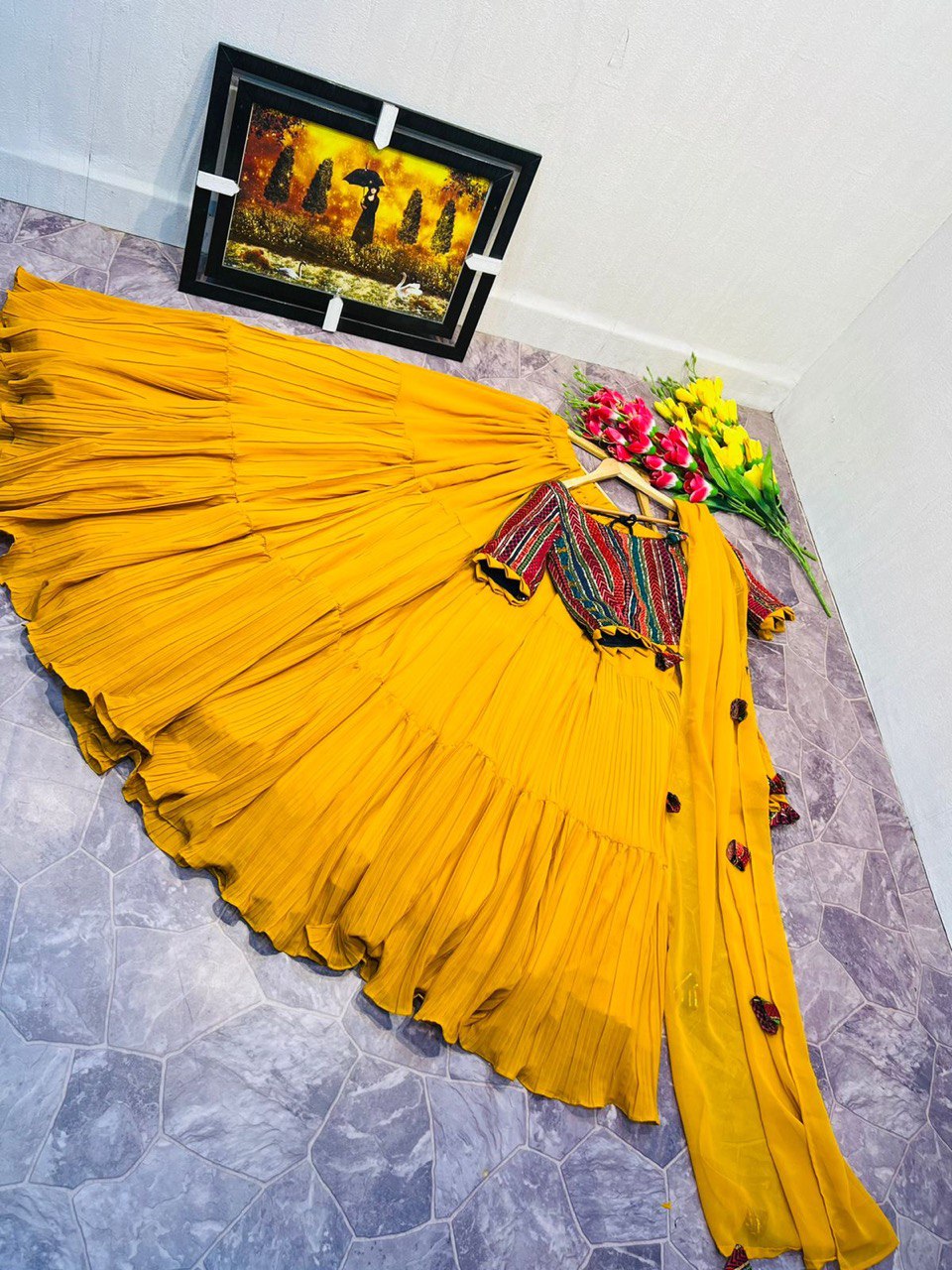 Yellow color Embroidery & Crush work Ruffle Style Lehenga Choli for an – BL  Fabric