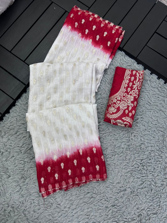 White and Red Viscose Saree With Rich Zari Weaving