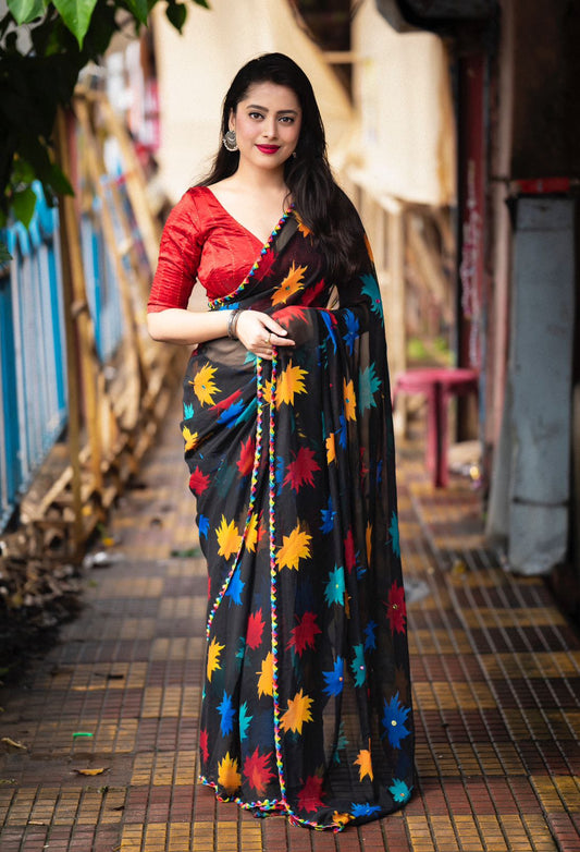 Soft Georgette Printed Saree With Multi Color Leaf Design