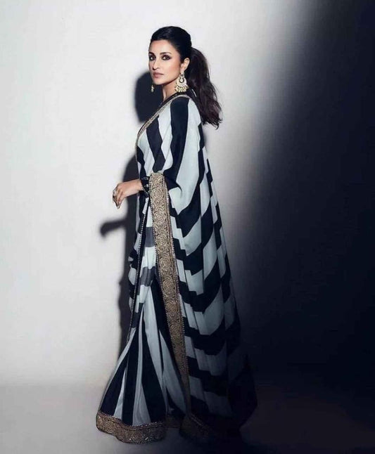 Black and White Soft Georgette Saree With Embroidery Lace Border