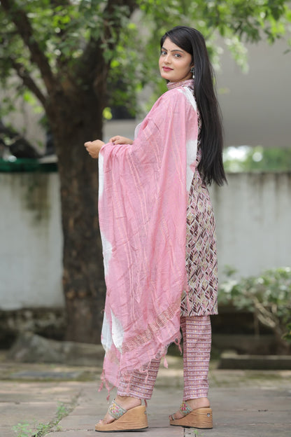 Printed Cotton Kurti Pant Set With Foil Print