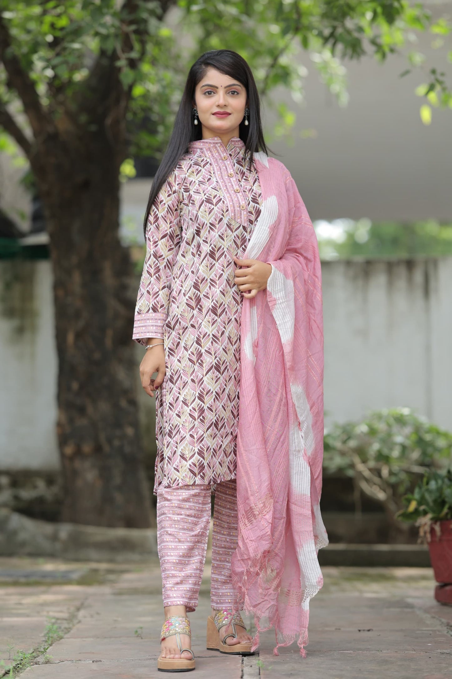 Printed Cotton Kurti Pant Set With Foil Print