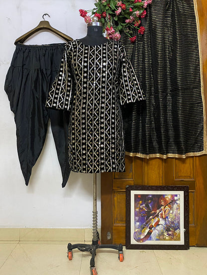 Black Velvet Top and Dhoti Set With Embroidery