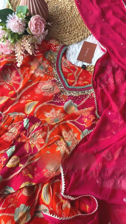 Red Chinnon Alia Cut Kurti Set With Embroidery Work