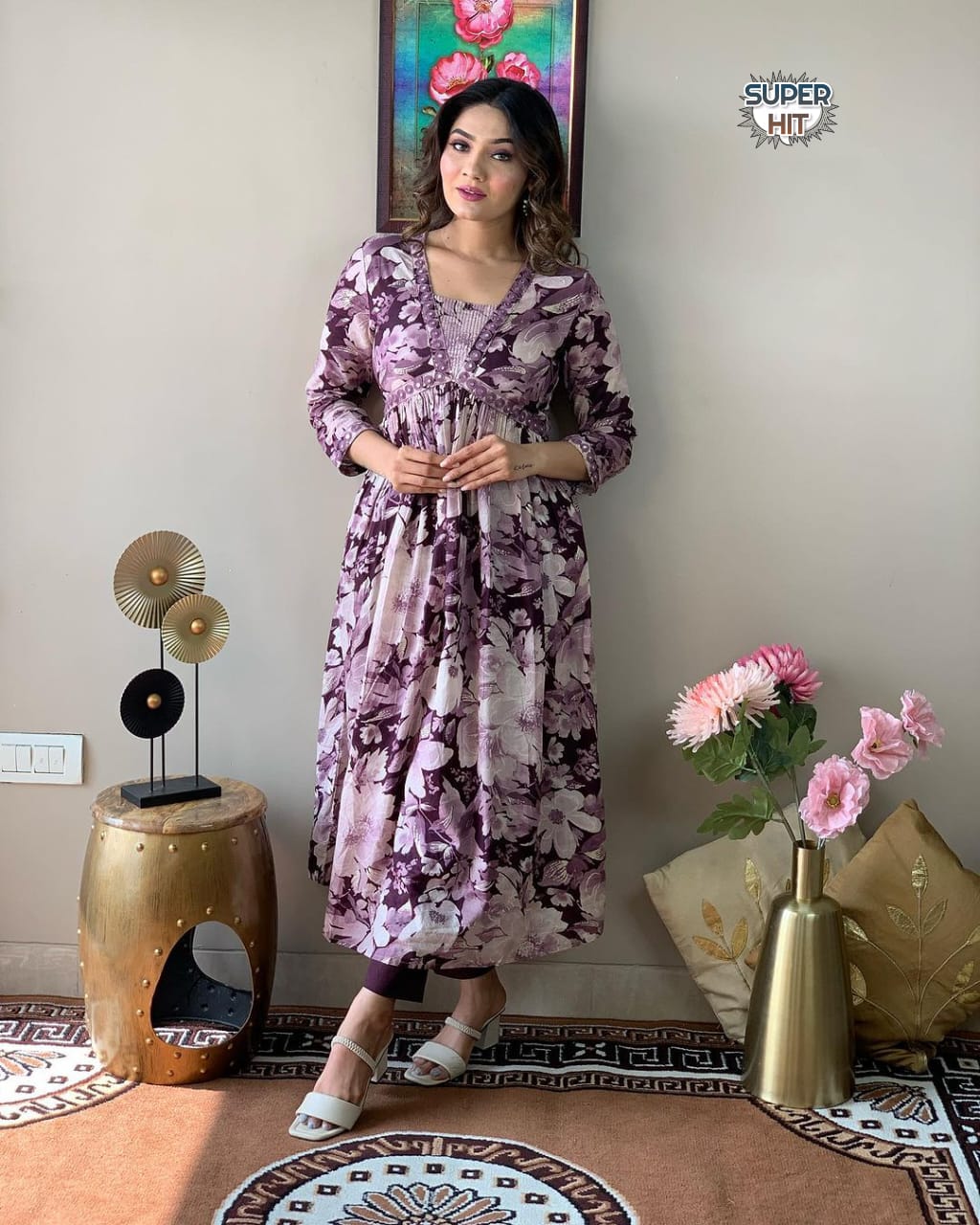 Purple Elegant Soft Reyon Alia Cut Kurti Set With Mirror Work