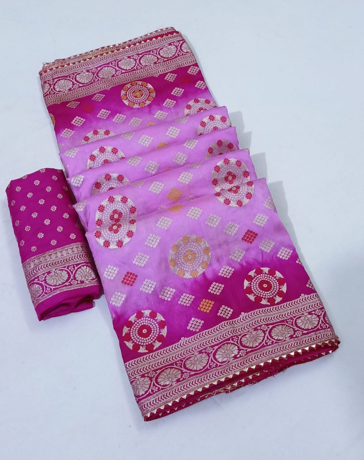 Soft Dola Silk Saree With Bandhej Design and Zari Border