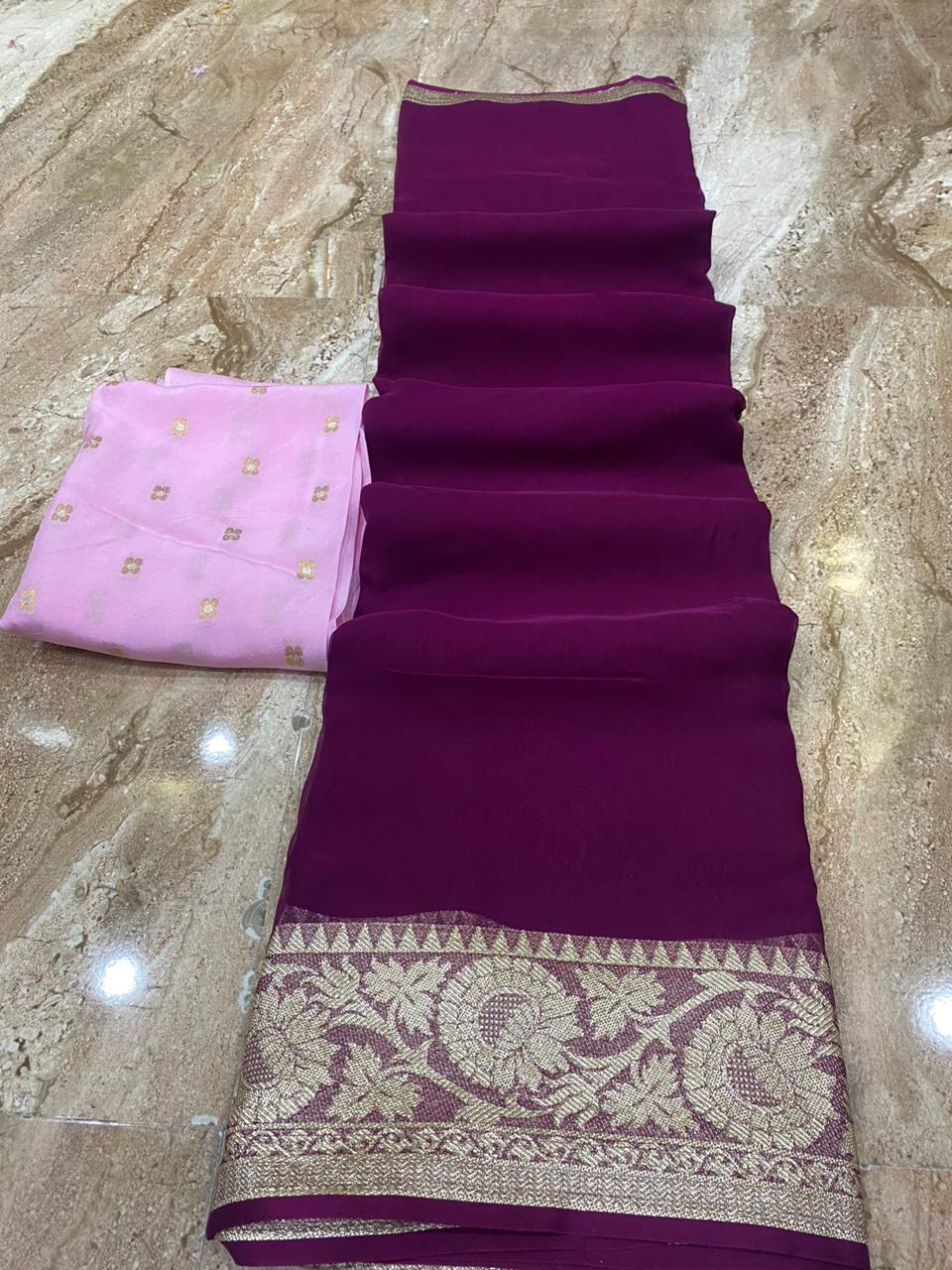 Soft Organza Chit Pallu Plain Saree With Zari Butti Blouse