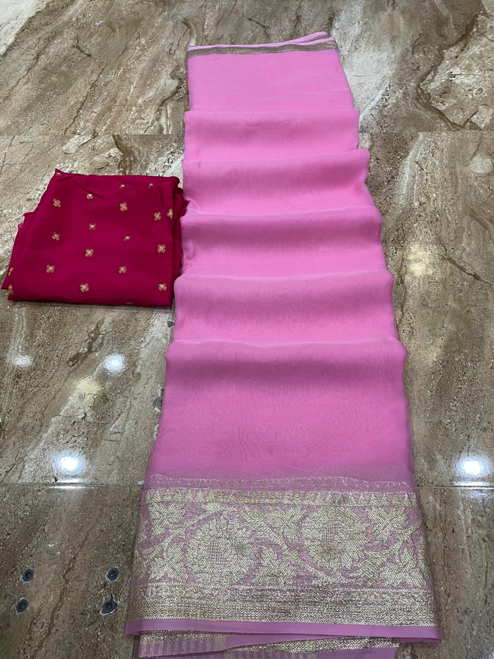 Soft Organza Chit Pallu Plain Saree With Zari Butti Blouse