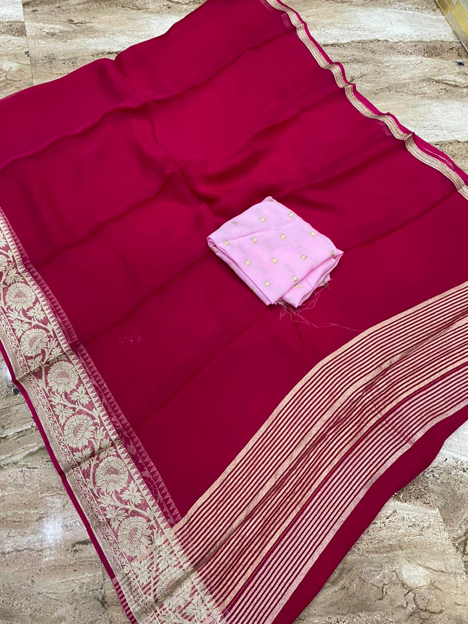 Soft Organza Chit Pallu Plain Saree With Zari Butti Blouse