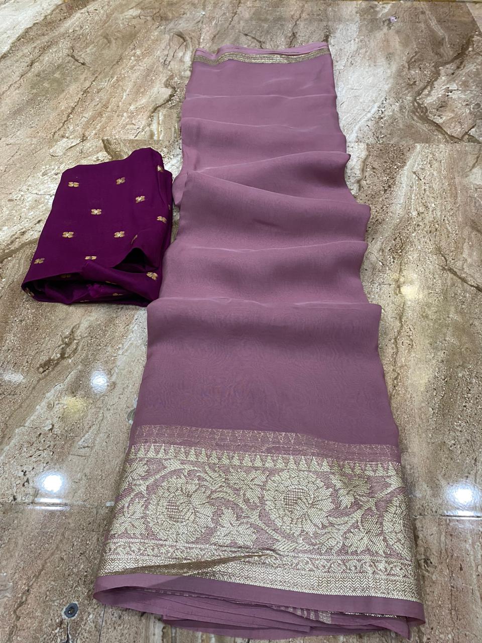 Soft Organza Chit Pallu Plain Saree With Zari Butti Blouse