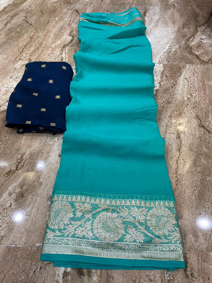 Soft Organza Chit Pallu Plain Saree With Zari Butti Blouse