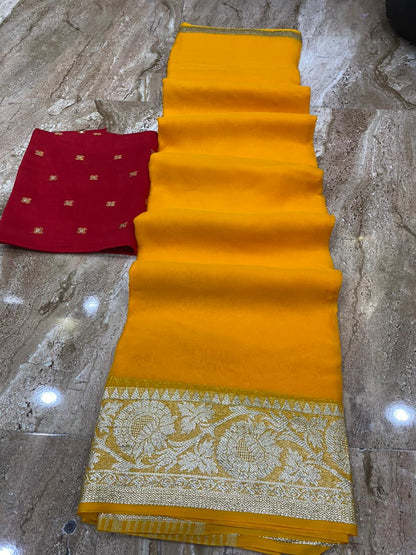 Soft Organza Chit Pallu Plain Saree With Zari Butti Blouse