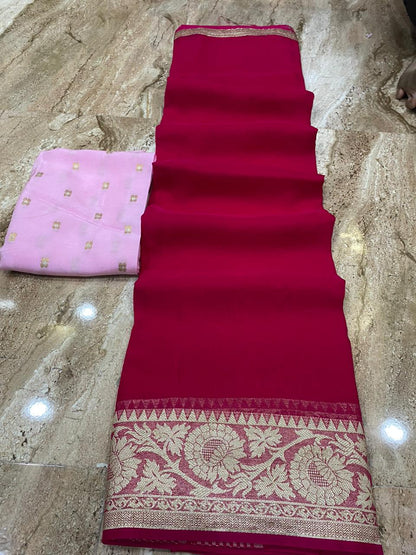 Soft Organza Chit Pallu Plain Saree With Zari Butti Blouse