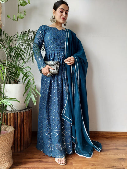 Blue Soft Georgette Gown With Lucknowi Sequence Embroidery