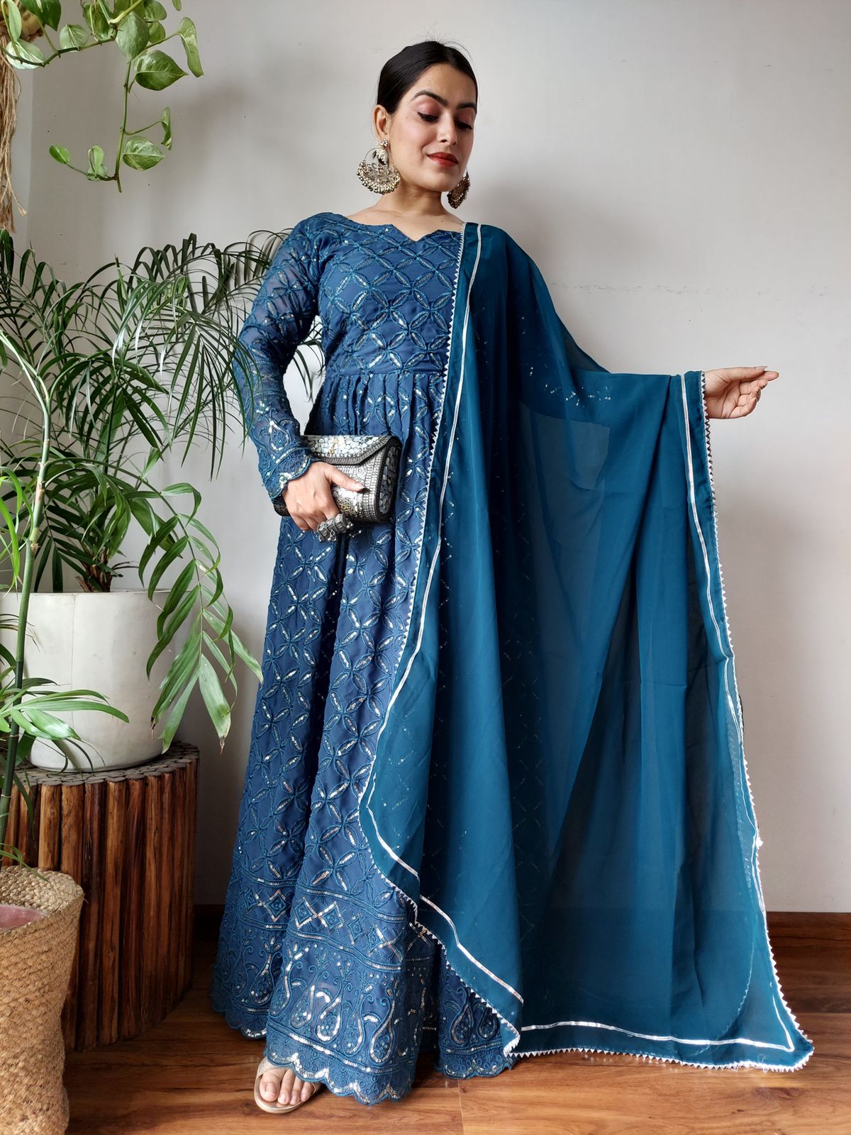 Blue Soft Georgette Gown With Lucknowi Sequence Embroidery