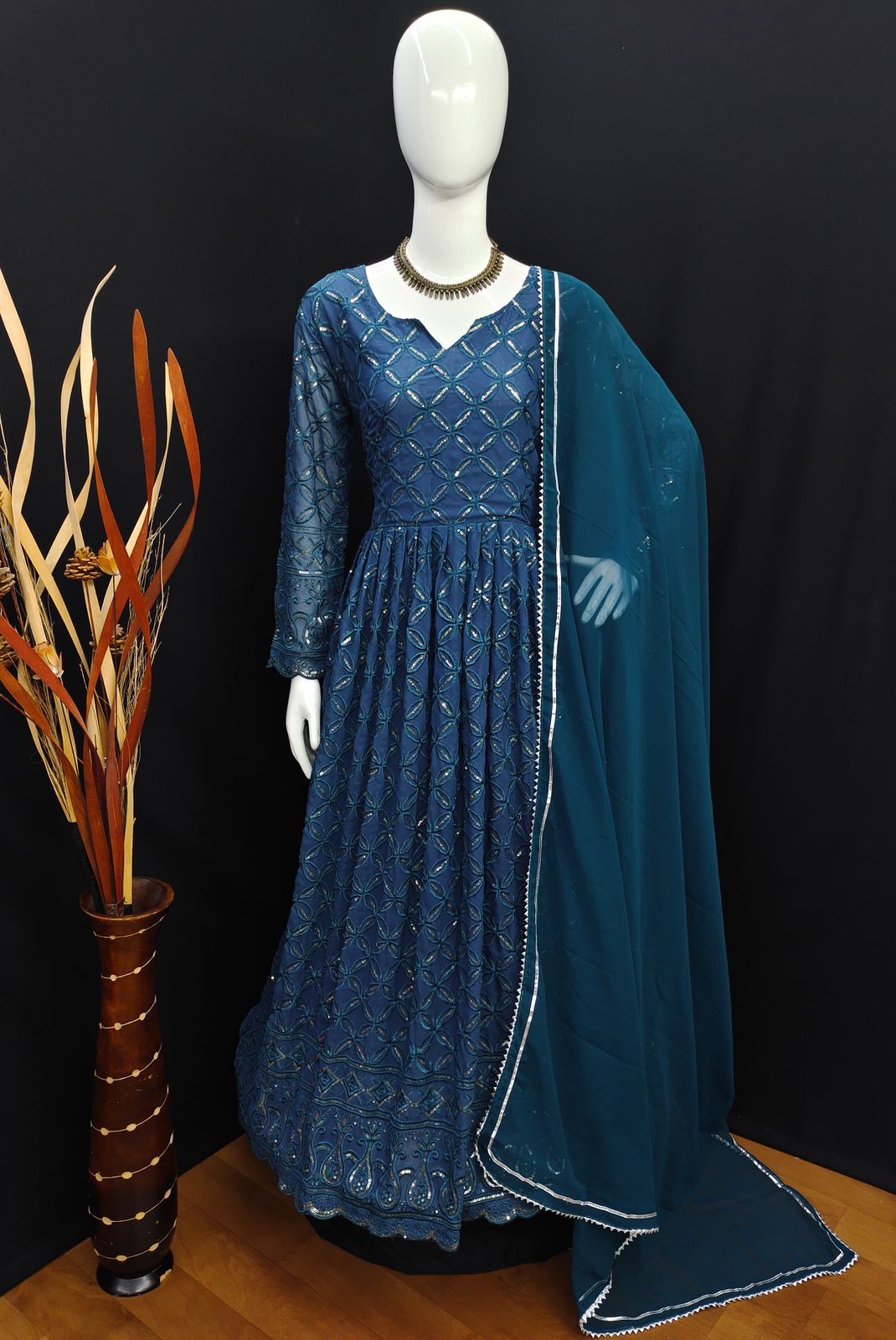 Blue Soft Georgette Gown With Lucknowi Sequence Embroidery