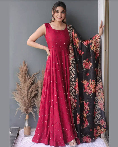 Red Soft Georgette Gown With Floral Printed Duppatta