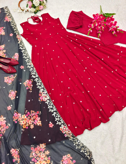 Red Soft Georgette Gown With Floral Printed Duppatta