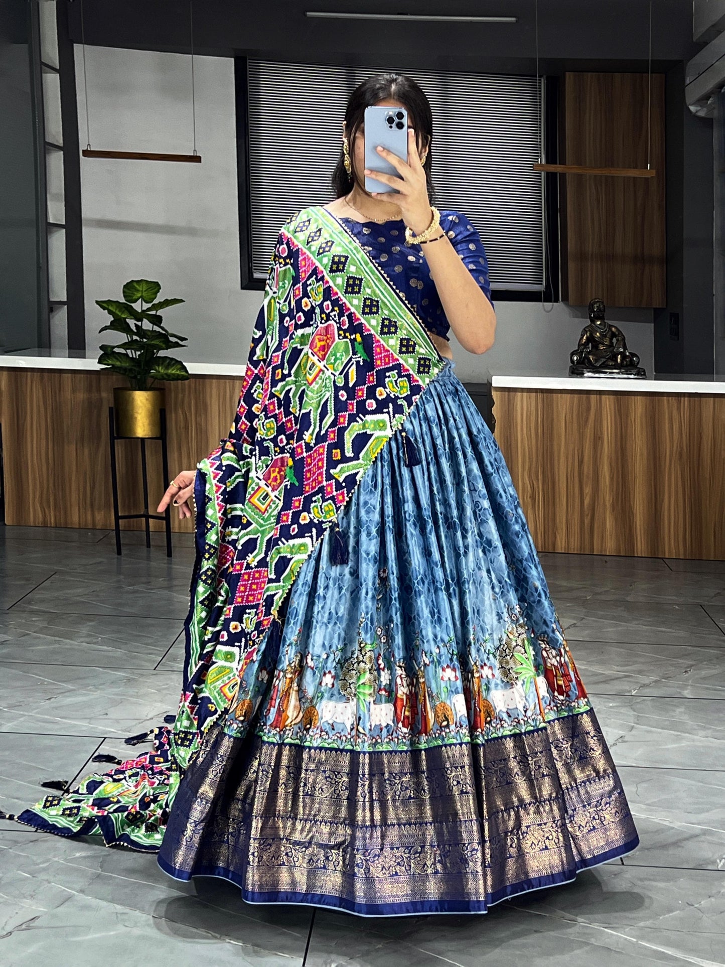 Soft Dola Silk Kalamkari Printed Lehenga With Patola Duppatta