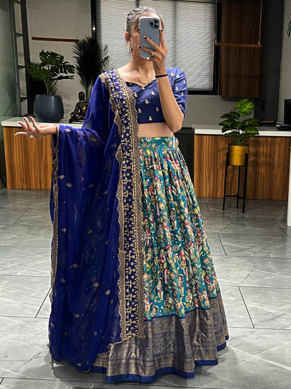 Soft Dola Silk Kalamkari Printed Lehenga With Embroidery Duppatta