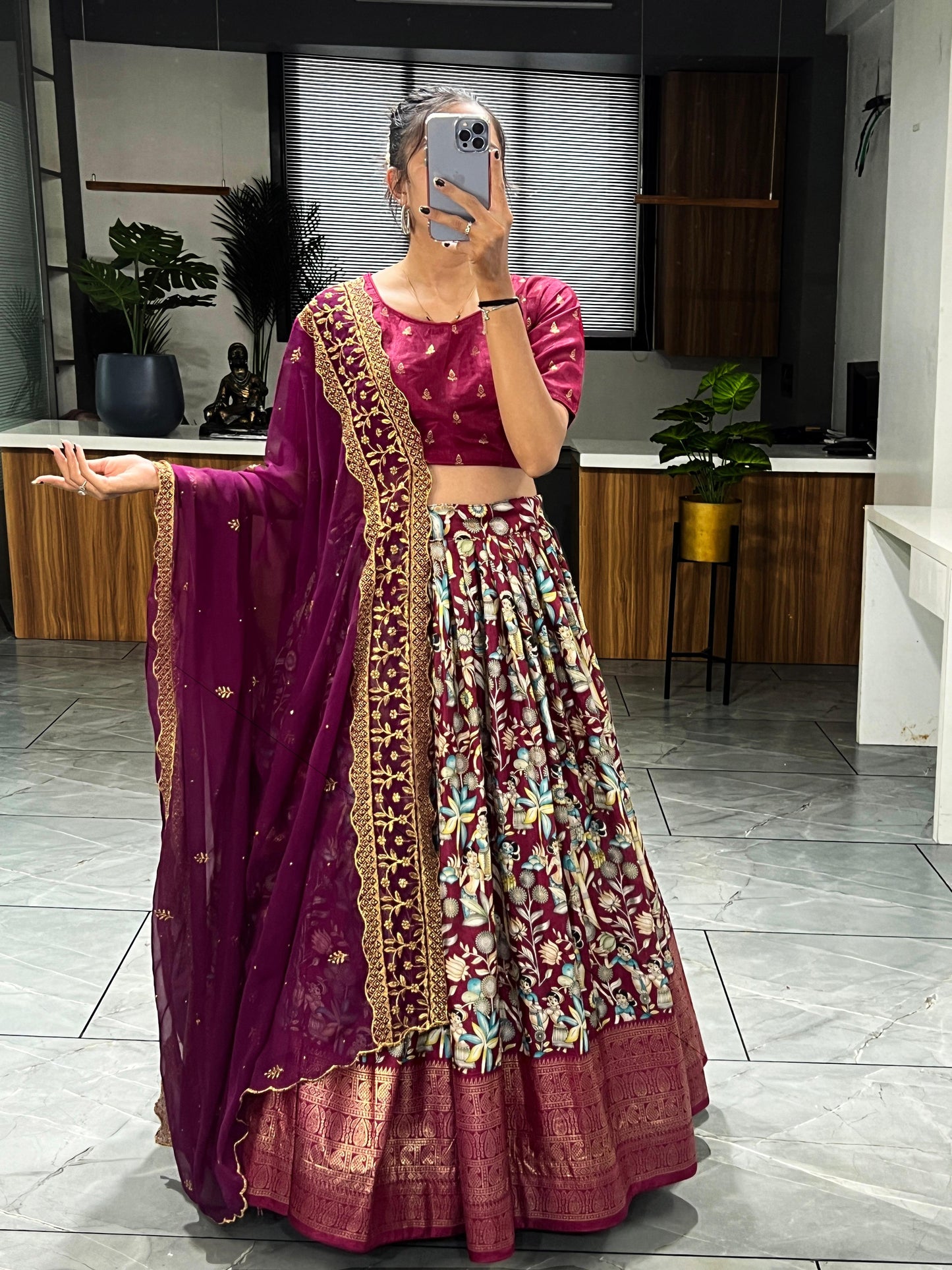 Soft Dola Silk Kalamkari Printed Lehenga With Embroidery Duppatta