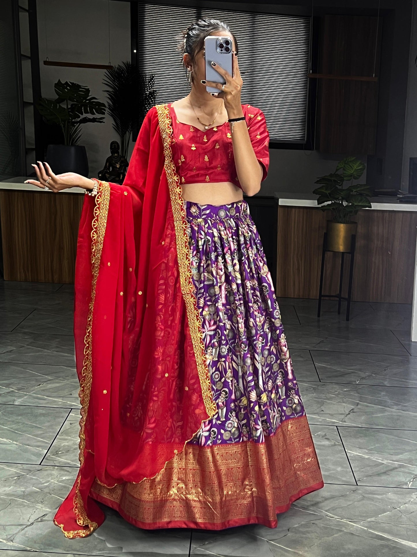 Soft Dola Silk Kalamkari Printed Lehenga With Embroidery Duppatta