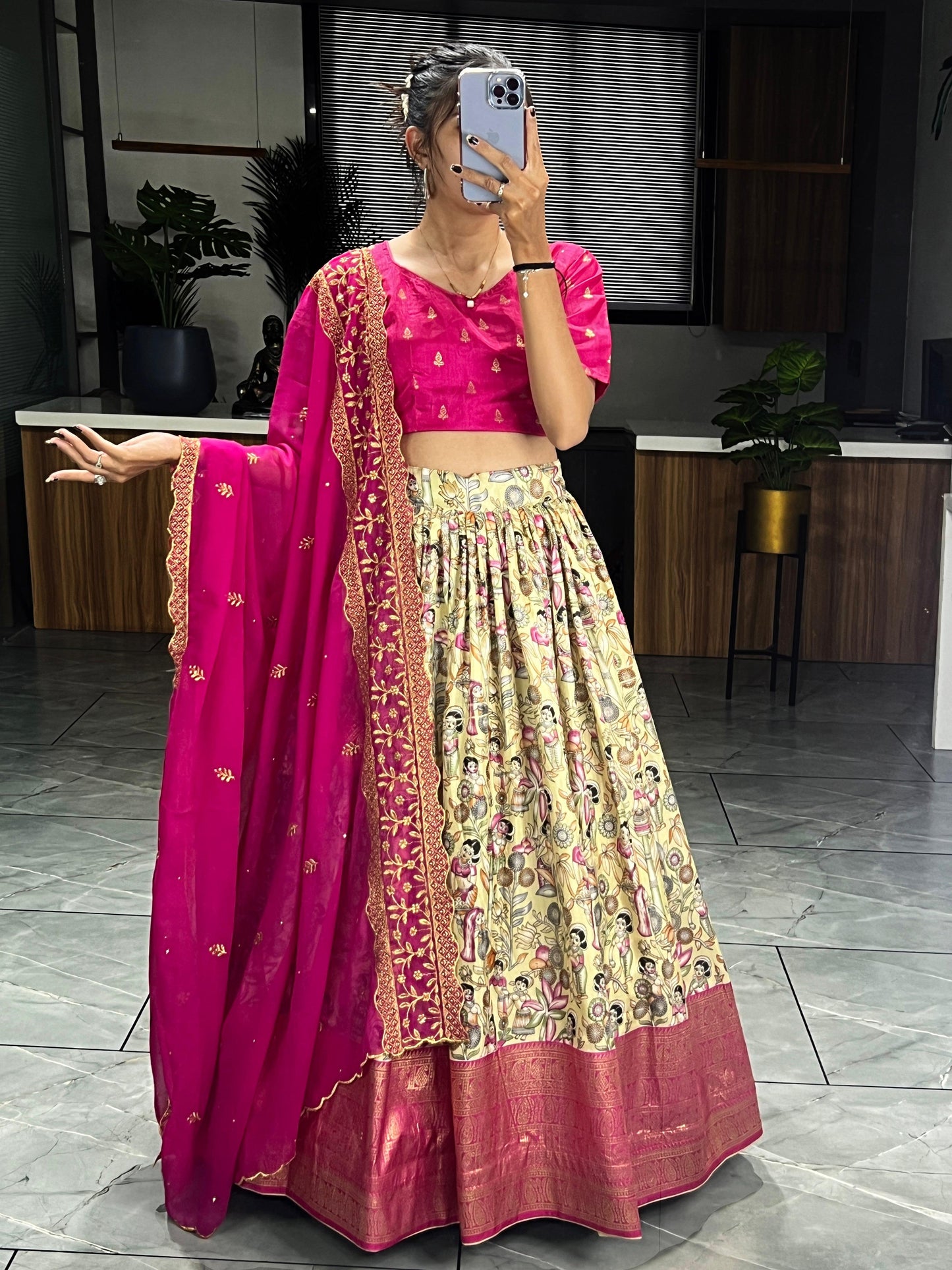 Soft Dola Silk Kalamkari Printed Lehenga With Embroidery Duppatta