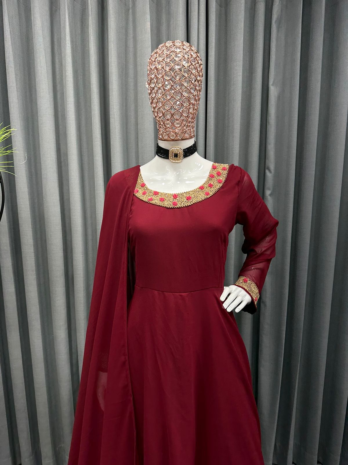 Red Faux Georgette Suit Set With Hand Work