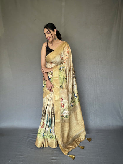 Soft Tussar Silk Saree With Fusion Print and Gold Zari Border