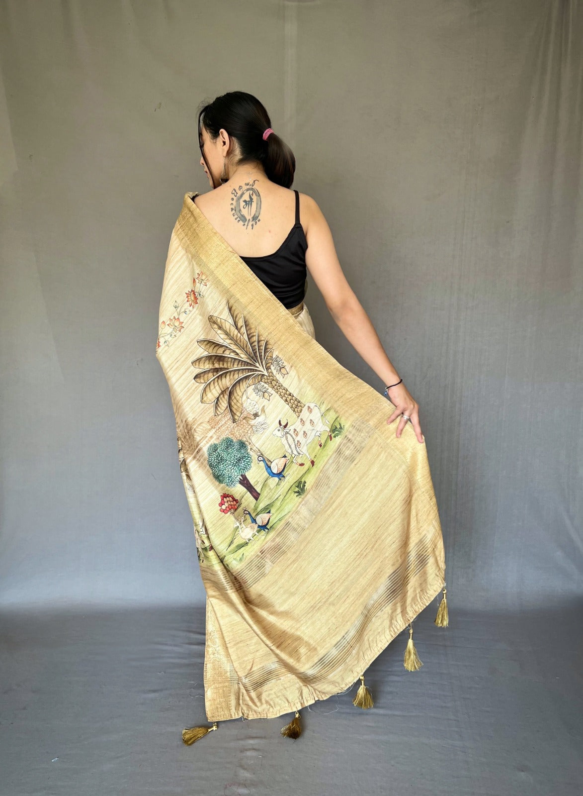 Soft Tussar Silk Saree With Fusion Print and Gold Zari Border