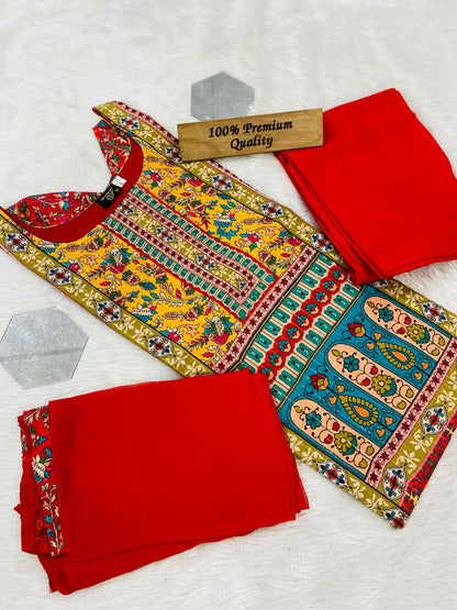 Red Muslin Printed Kurti Set With Beautiful Lace Work