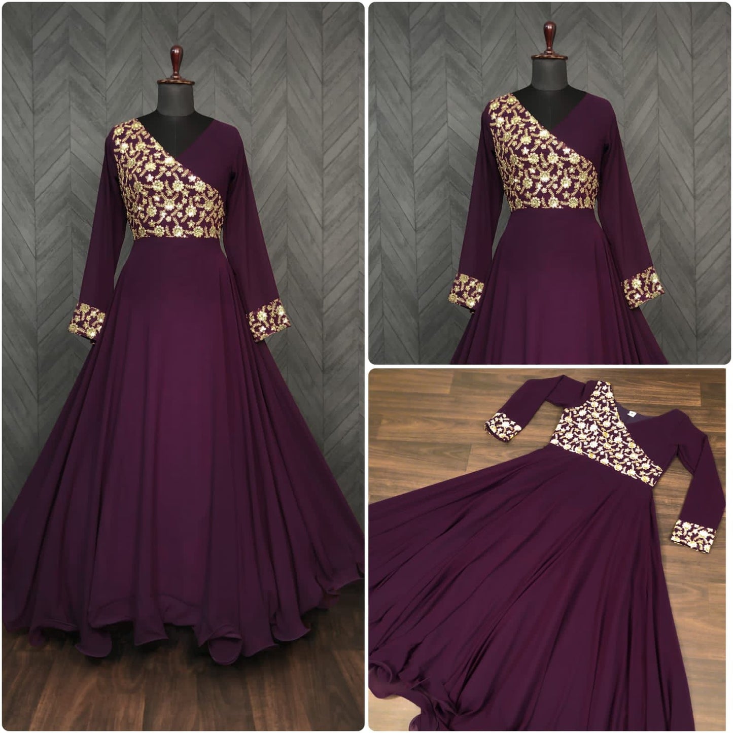 Wine Faux Soft Georgette Gown With Rich Embroidery Sequence Work