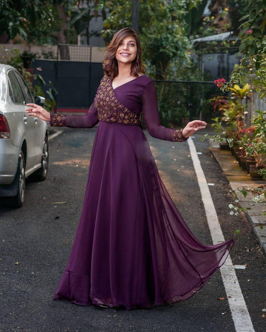 Wine Faux Soft Georgette Gown With Rich Embroidery Sequence Work