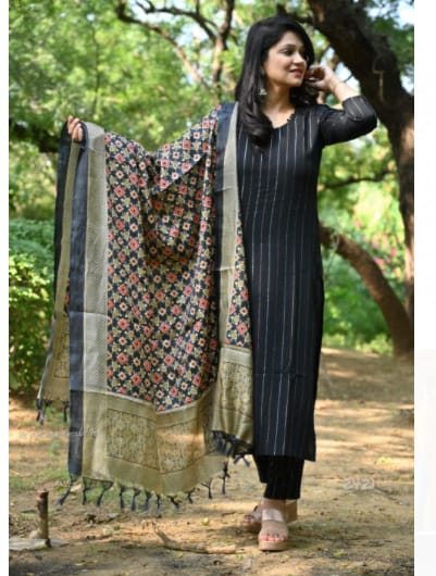 Black Sequince Cotton Kurti Set With Designer Duppatta