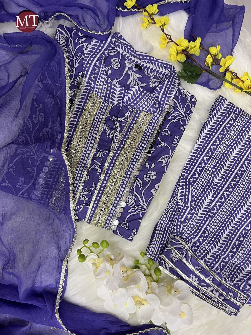 Violet Cotton Embroidery Afgani Style Kurti Set