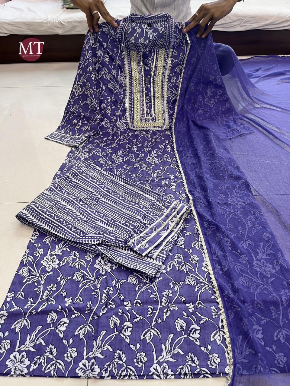 Violet Cotton Embroidery Afgani Style Kurti Set