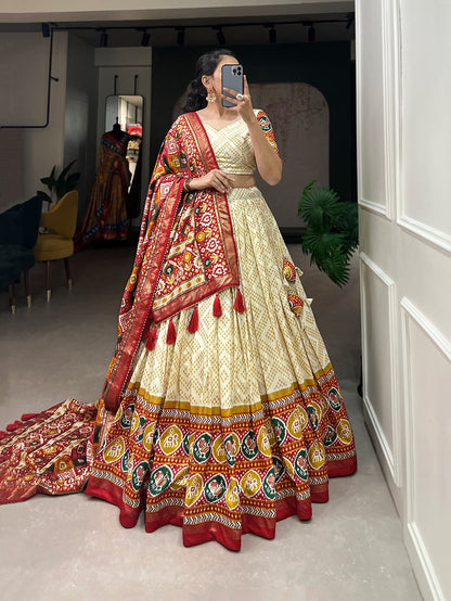 Tussar Silk Lehenga With Bandhej With Patola and Foil Print