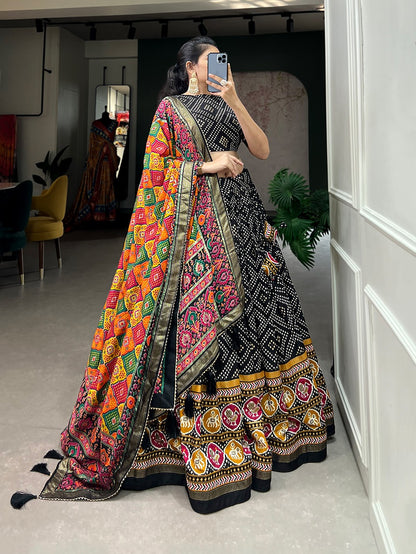 Tussar Silk Lehenga With Bandhej With Patola and Foil Print