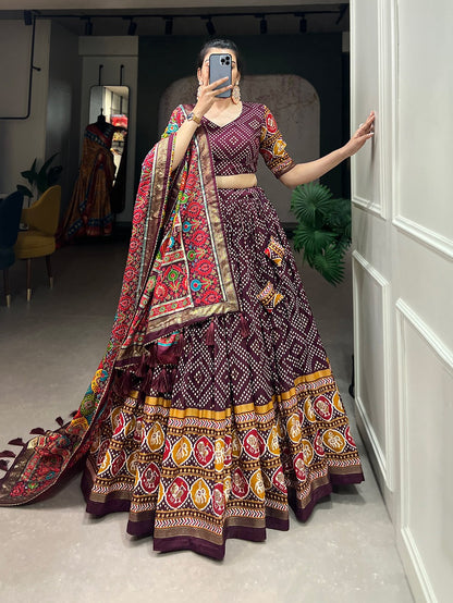 Tussar Silk Lehenga With Bandhej With Patola and Foil Print