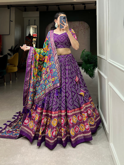 Tussar Silk Lehenga With Bandhej With Patola and Foil Print