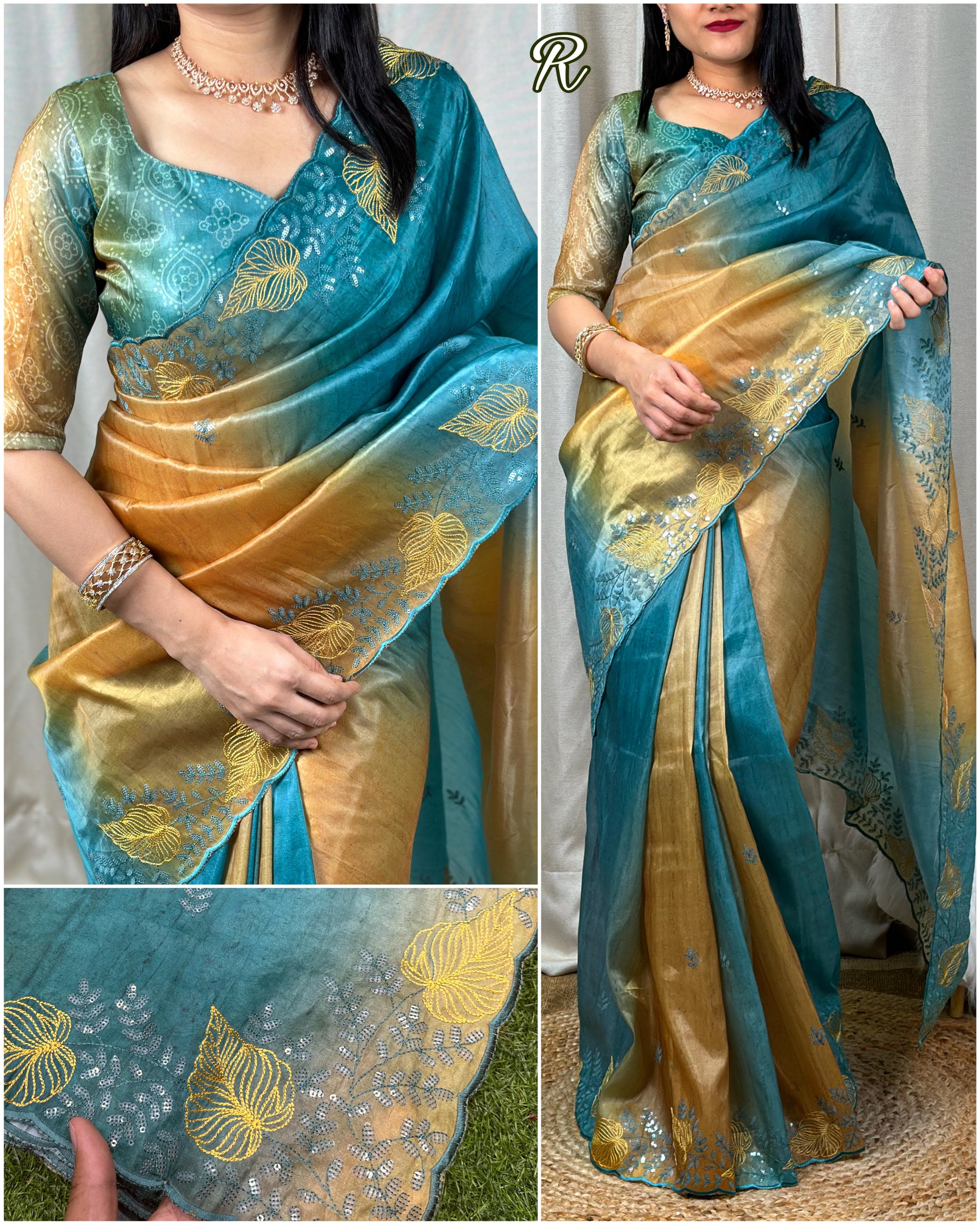 Beige glass silk plain saree with heavy embroidred & sequince blouse, lace  border saree with blouse - Lilots - 4165923