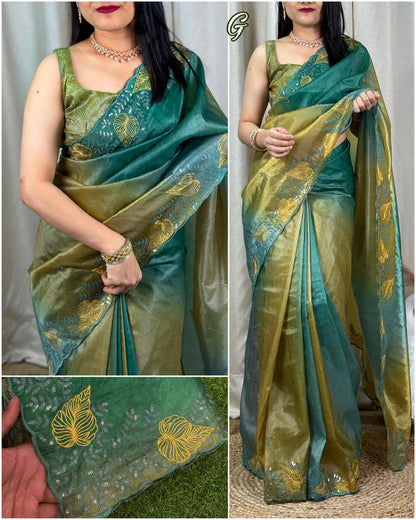 Glass Satin Silk Saree With Shaded Printed Saree and Sequence Thread Work