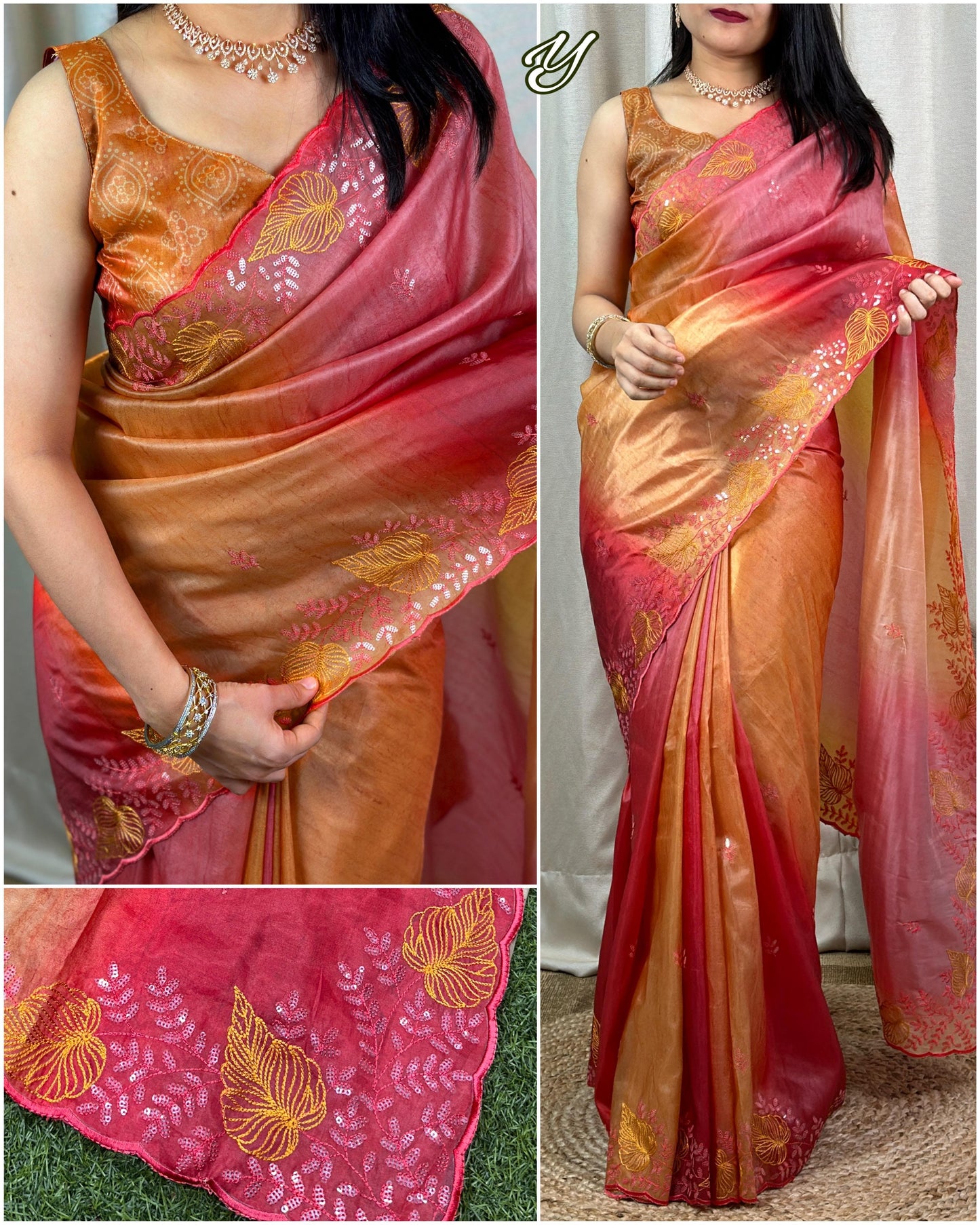 Glass Satin Silk Saree With Shaded Printed Saree and Sequence Thread Work